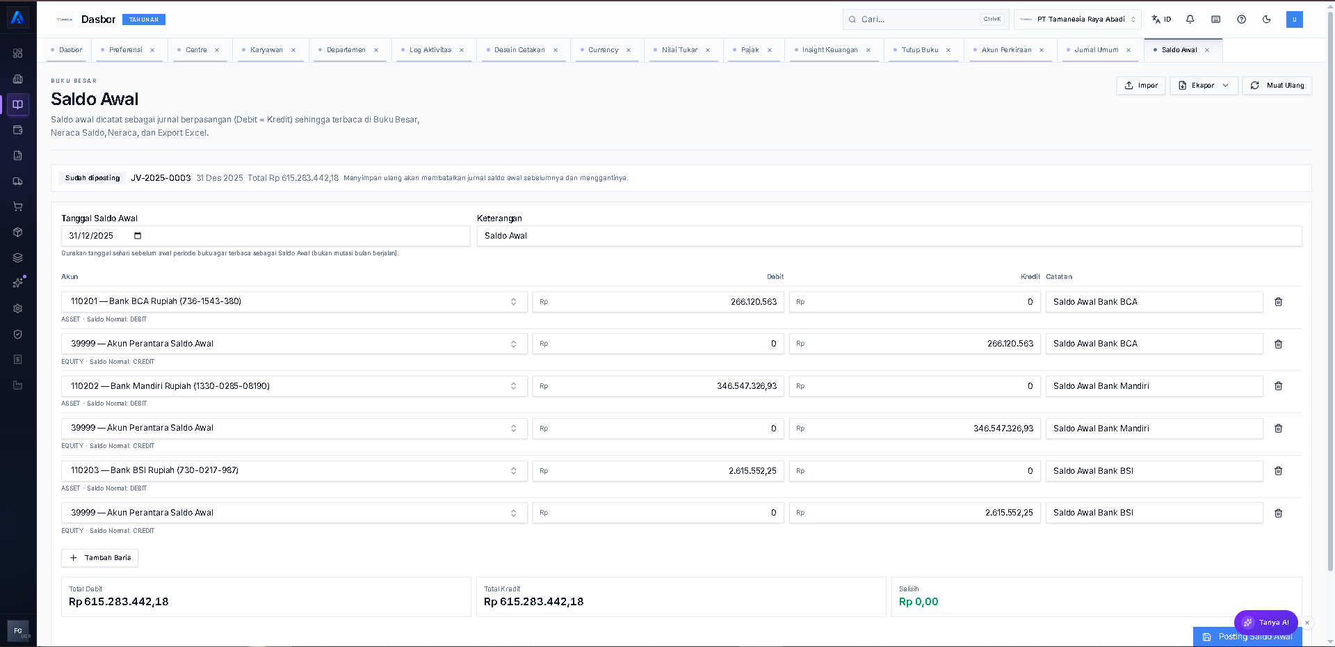 Saldo Awal dengan baris akun, total debit-kredit, dan status posting.