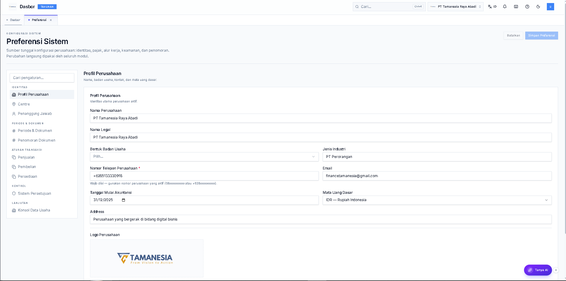 Profil Perusahaan pada Preferensi Sistem.