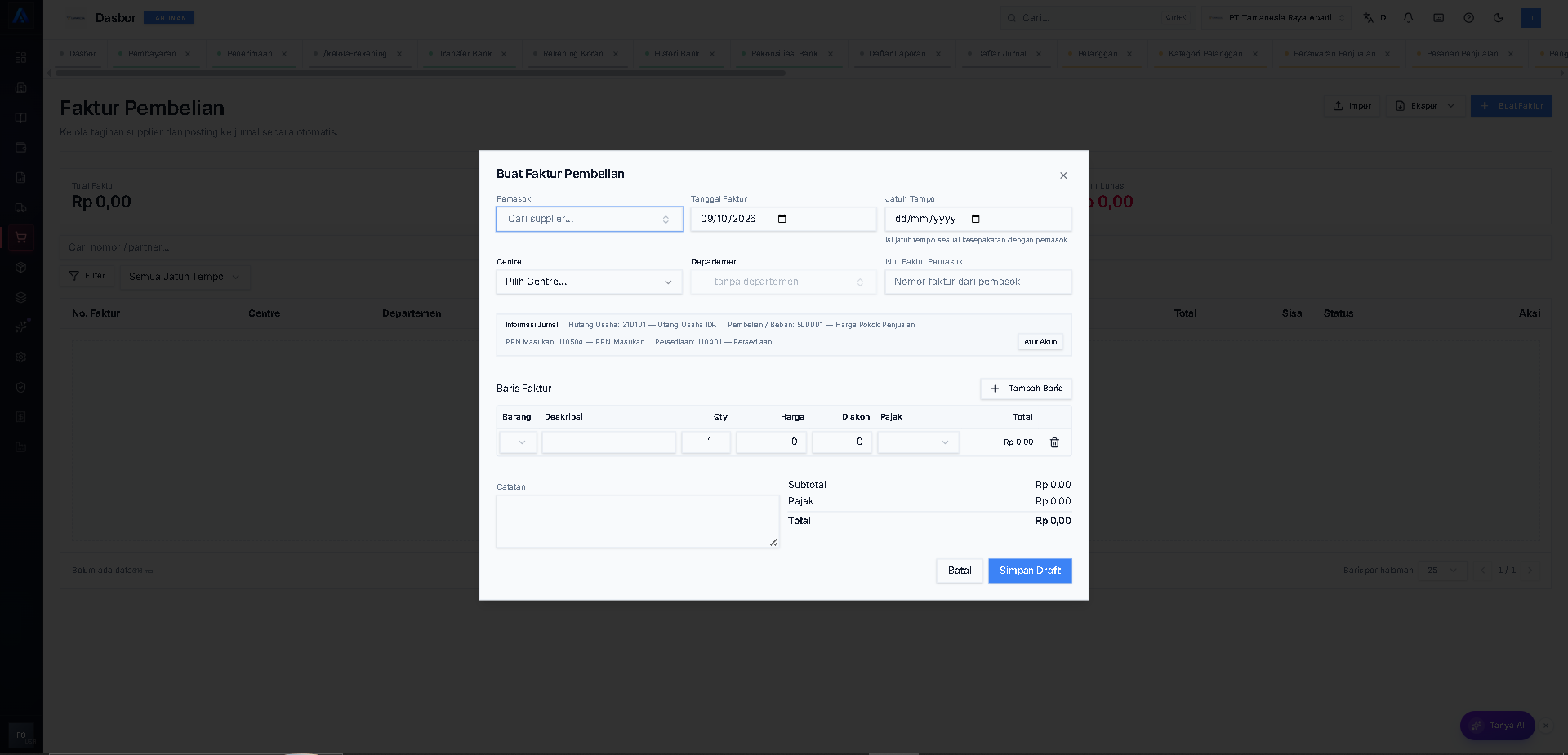 Formulir Buat Faktur Pembelian.