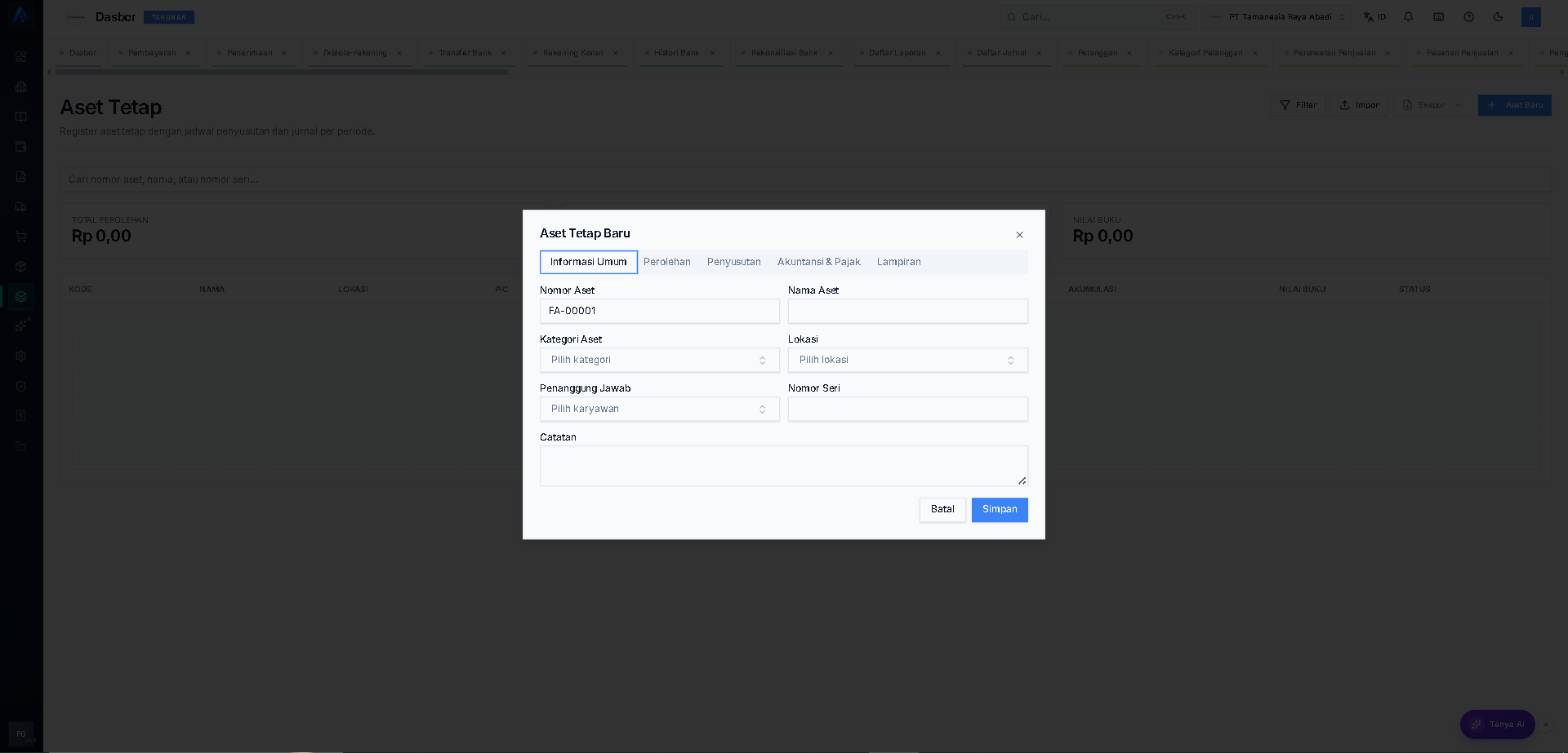 Formulir Aset Tetap Baru pada tab Informasi Umum.
